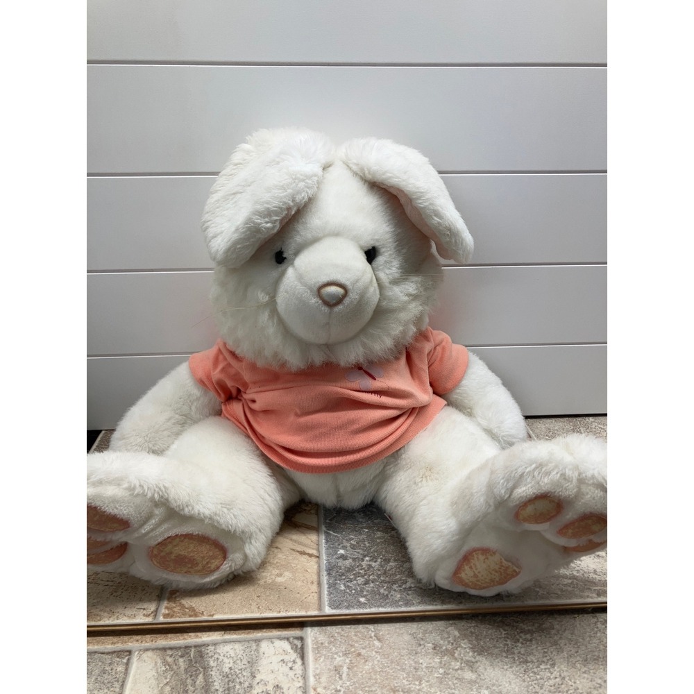 Vintage Floppy Friends Mervyn's White Bunny Rabbit Plush Peach Shirt 14 Inch